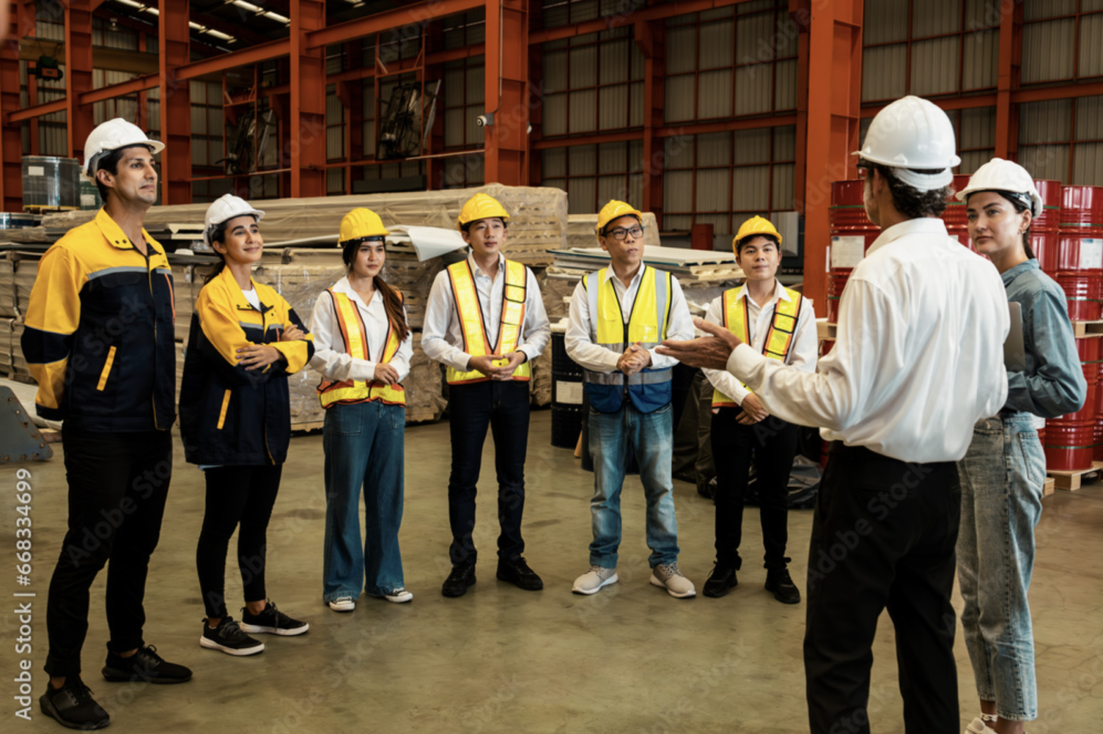 Collective factory workers and engineers gather for meeting with factory executive or manager, discussing plan and industry training program on-site work heavy industrial steel workshop.